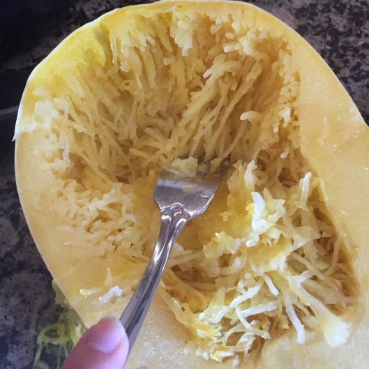 shredding spaghetti squash with a fork makes something that looks like spaghetti