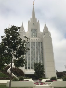 San Diego Temple on Arrival with grey skies.